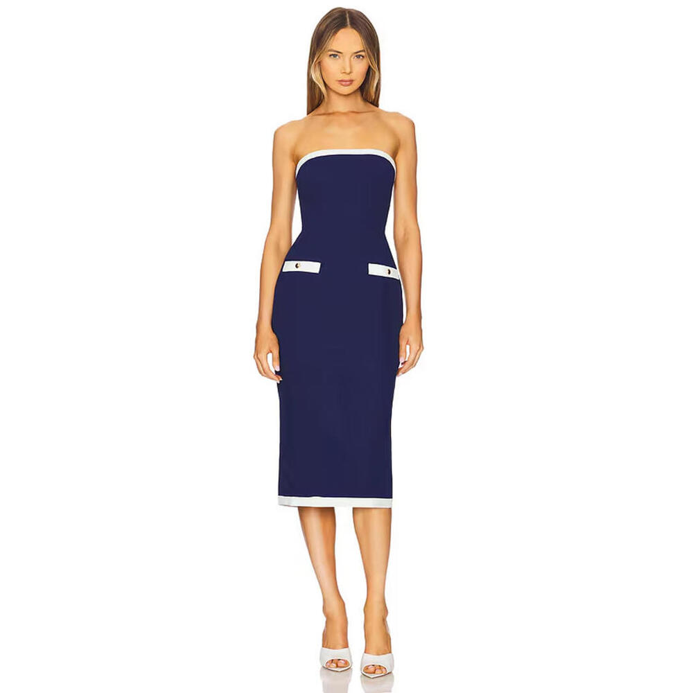 Amanda Uprichard Navy and White Strapless Sheath Dress